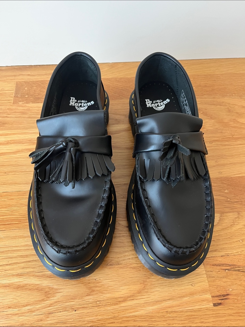 Dr. Martens Black Leather Tassel Adrian Bex Loafers with Yellow Stitching